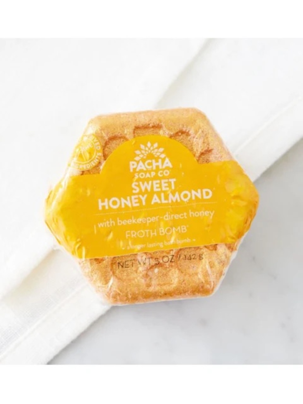Pacha Soap Co Sweet Honey Almond bath bomb golden gold beekeeper